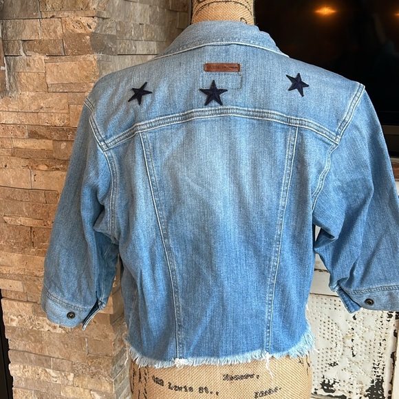 Guess cropped raw hem 3/4 sleeve hippie patches star cactus peace jean jacket - Picture 9 of 16
